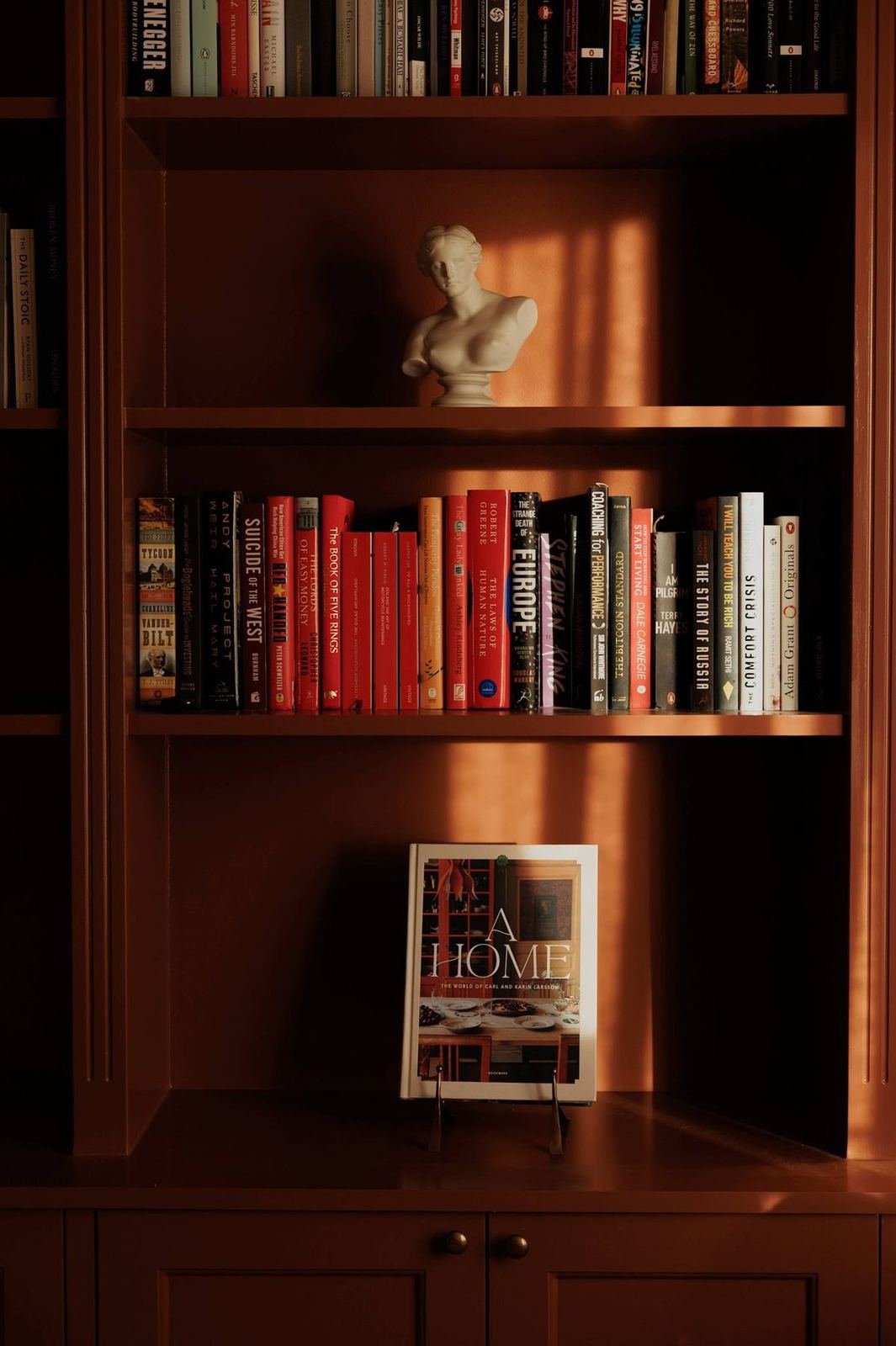 Library shelves glowing between two lamps