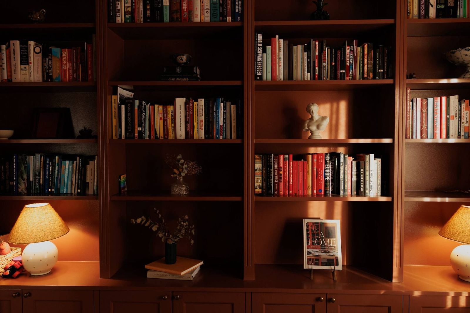 Built-in library shelves in warm evening light